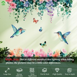 VePret Large Hanging Flowers Wall Decals Peel and Stick, Hummingbirds Butterflies Greenery Wall Stickers, Removable Vinyl Home Decor Art for Bedroom Living Room Classroom Office