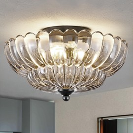 Semi Flush Mount Ceiling Light, Smoky Gray Glass Ceiling Light Fixture, 3-Bulb Modern Black Close to Ceiling Light, Vintage Glass Ceiling Lights for Bedroom Kitchen Living Room, Bulb Not Included