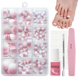 Ombre French False Toenails Kit, 240 PCS Square Short Press on Nails for Toe, Gradient Pink French Fake Toe Nails, Soft Gel Pink Tip Stick on Toenails with Glue for Easy Nail Art, Suitable for Women