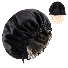 Wzenclave Large Satin Bonnet Silk for Sleeping Hair Bonnet Double Layer Reversible with Elastic Tie Band Invisible Flat Adjustable Night Sleep Cap Wrap Soft & Breathable for Curly Hair Black