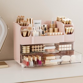 Delamu Makeup Organizer Countertop with 6 Brush Holder, Bathroom Countertop Organizer with 2 Large Drawers, Cosmetic Display Case for Vanity, Skincare, Dresser, Perfume Organizer, Present, Pink