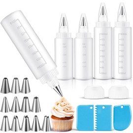 4 Pcs Piping Bottles for Icing Cookie Decorating Supplies Plastic 4 oz & 8 oz Squeeze Bottles & 12 Different Tips & 2 Couplers & 3 Scrapers for Cookie Icing Kit Pancake Squeezing