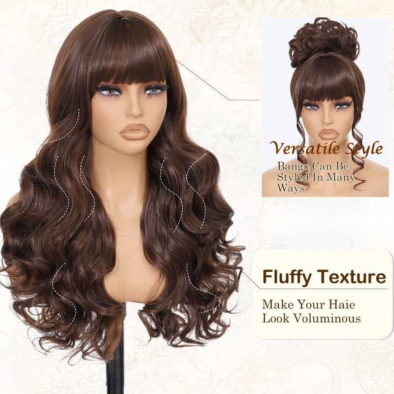 Brown Wavy Wig with Bangs for Women, 26 Inch Long