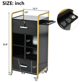 Locking Salon Storage Cabinet, Beauty Barber Salon Styling Station Organizer Equipment with 3 Hair Dryer Holder and 2 Drawers, for Hair Stylist Barbershop Home Tattoo Client Spa Massage (Black)