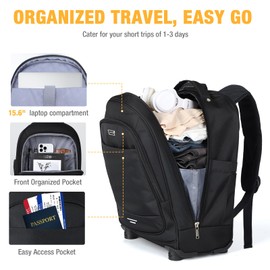 Ponhog Rolling Backpack, 15.6 inch Laptop Backpack with 4 Spinner Wheels, Carry on Travel Backpack Water Resistant Wheeled Backpacks for Women Men Suitable for Overnight College Work, Black