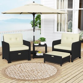 Yaheetech Balcony Furniture Outdoor 5 Piece Patio Conversation Set, PE Wicker Rattan Sofa Lounge Chairs, Side Table & Ottomans with Cushions & Pillows for Backyard, Porch, Garden, Black/Beige