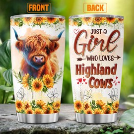 JENOIS Just A Girl Highland Cow, Tumbler 20 Oz With Lid And Straw, Highland Cow Gifts, Sunflower Flower Cups Floral