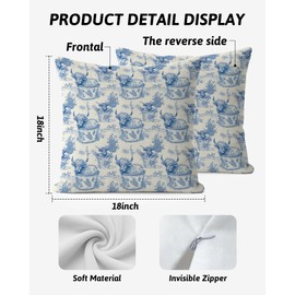 FGFK Vintage Blue Toile de Jouy Highland Cow Pillow Covers 18x18, Highland Cow Lover Gifts, Blue and White Toile de Jouy French Country Decorative Throw Pillow Covers for Home Living Room Bedroom