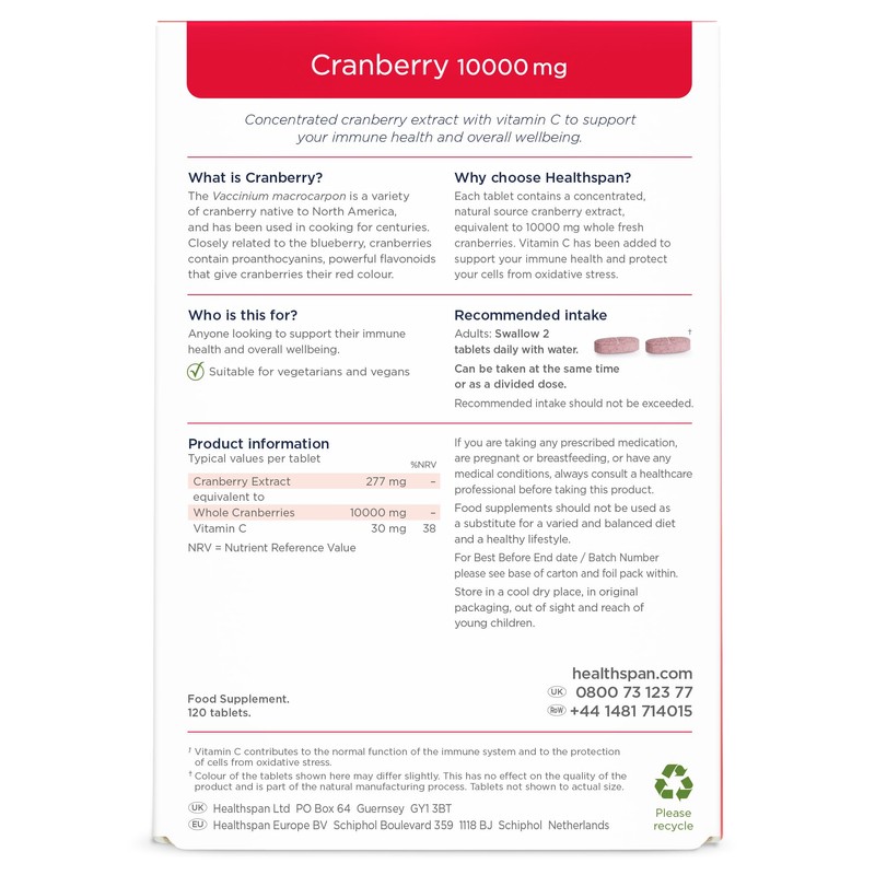 Healthspan Cranberry 10,000mg | 120 Tablets | 10,000mg Whole Cranberries|