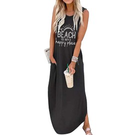 Women's Casual Beach Summer Dresses Sleeveless Graphic Long Sundress Cover Up Dresses with Pocket Black Small
