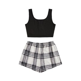 Verdusa Women's Buttoned Crop Tank Top & Plaid Print Shorts Sleepwear Pajama Set Plaid White XL