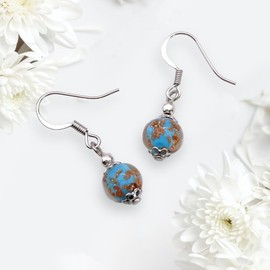 Murano Glass Earrings, Dropper Earrings, Murano Glass Bead Earrings, Handmade Glass Earrings, Dainty 0.8cm/8mm Diameter, Murano Glass Jewellery, Aventurine Glass Earrings (MGE10) (Silver Blue)