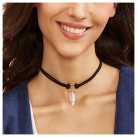 Allereyae Vintage Layered Leather Choker Necklace Silver Feather Pendant Necklace Choker Black Short Velvet Necklace Geometric Circle Choker Necklace for Women