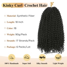 Hanne Fashion Afro Kinky Curly Crochet Hair Jerry Curl Braiding Hair Extensions for Black Women 6 Packs Short Synthetic Kinky Twist Hair (18 Inch, Black)