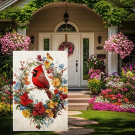 Red Bird Butterfly Flowers Garden Flag 12x18 Inch Double Sided Spring Summer Cardinal Colorful Floral Yard Outdoor Flag House Holiday Outside Decoration Burlap