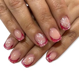 Christmas Press on Nails Short Square MABKJLF Pink French Tip Fake Nails False Nails with Designs Snowflake Glitter Glossy Glue on Nails Stick on Nails Acrylic Nails for Women Girls 24 Pcs