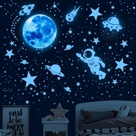 Glow in The Dark Stars,Glow in The Dark Stickers,Glow in The Dark Moon and Planet for Ceiling Space Wall Stickers Luminous Astronaut Solar System Wall Decals for Kids Bedroom Living Room
