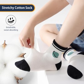 Vihir 5 Pairs Cotton Crew Socks for Boys and Girls Aged 3-5, 6-8, 9-12 Years, Soft Little Quarter Socks for Kids with Cute Space Design, Socks Boys 22-26.27-31.32-38, White Grey Navy