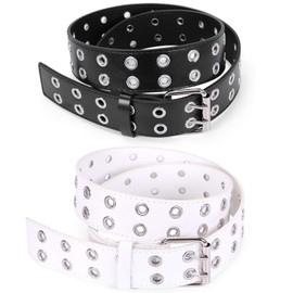 WHIPPY Double Grommet Belt for Women Men PU Leather Vintage Punk Rock Jeans Belts Double Prong Buckle Eyelet Belt (White, L)