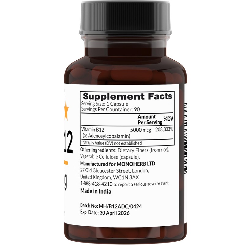 MONOHERB Adenosylcobalamin B-12 Vitamin 5000 mcg - 90 Capsules