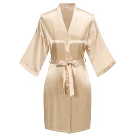 Mignon Cromwell Women's Pure Color Satin Kimono Robe Short Bridesmaids Robe Dressing Gown, Champaign Gold, S/M