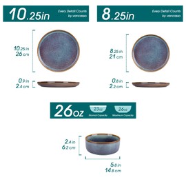 vancasso PLAYA Plates and Bowls Sets, 24 Pieces Grey-Blue Dinnerware Sets for Kitchen, Reactive Glaze Dishes Set for 8, Dishwasher and Microwave Safe