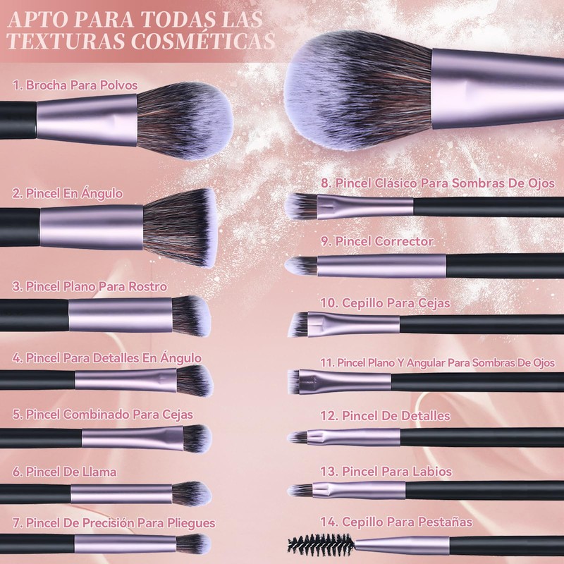 Set de Brochas de Maquillaje, 14 Piezas, con Espejo LED