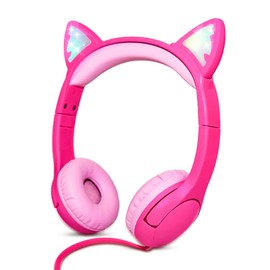 Olyre Toddlers Headphones with Microphone - 85dB Safe Volume Limited and LED Light Up Cat ears,Wired over ear headphones for Kids with Sharing interface, Boys/Girls/School/Travel - Rose