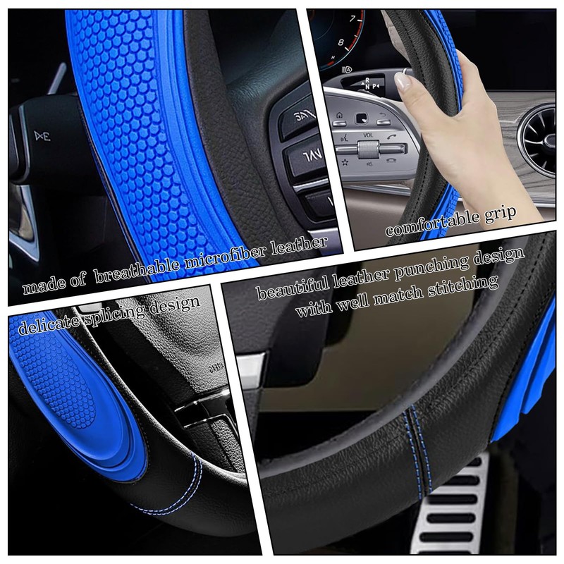 Blue Film Splicing Leather Steering Wheel Cover, Microfiber Leather, Anti-Slip,