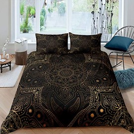 Bohemian Comforter Cover Golden Mandala Duvet Cover Set Paisley Floral Bedding Set For Kids Boys Girls Exotic Tribal Boho Bedclothes With 1 Pillow Case Single Size Bedroom Decor Gold Black