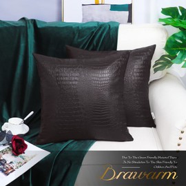 BRAWARM Faux Leather Pillow Covers 22 X 22 Inches, Brown Leather Pillow Covers Pack of 2, Crocodile Leather Decorative Throw Pillows for Living Room Couch Bed Sofa Home