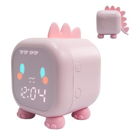 Kids Alarm Clock with Dinosaur, Digital Alarm Clock for Kids Bedroom, Cute Dinosaur Bedside Clock Children's Sleep Trainer, Wake Up Light and Night Light with USB for Boys Girls Birthday Gifts,Pink