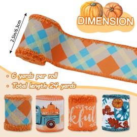 AnyDesign Fall Wired Edge Ribbon 24 Yards Autumn Pumpkin Truck Ribbon Orange Blue Plaids Thankful Fabric Craft Ribbon for Thanksgiving Wreath Bow Making DIY Crafts Wrapping Supplies, 4 Roll