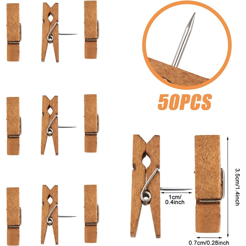 50 PCS Push Pin with Wooden Clips, Durable Wooden Push