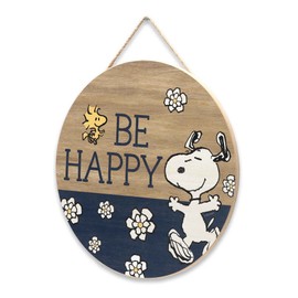 Peanuts Snoopy Be Happy Round Hanging Wood Wall Decor - Fun Snoopy Sign for Home Decorating - Great Gift Idea