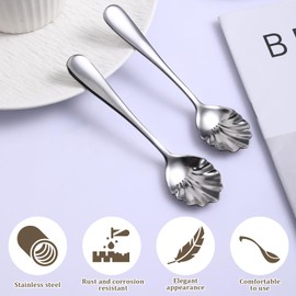 2PCS Shell Shape Stainless Steel Sugar Spoon, Small Spoons for Dessert Tiny Jelly Spoon Salt Spoon Mini Espresso Spoons Tea Spoons Vintage Stirring Spoons for Spice Chocolate, Jam, Dishwasher Safe
