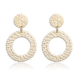 Woven Rattan Earrings Boho Colored Straw Wicker Braid Drop Dangle Earrings Handmade Round Circle Hoop Earrings Statement Stud Earrings For Women