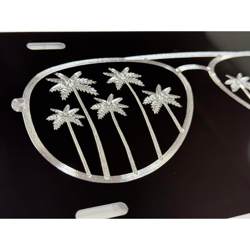 Palm Tree Sunglasses Car Tag Diamond Etched Vanity Front Aluminum