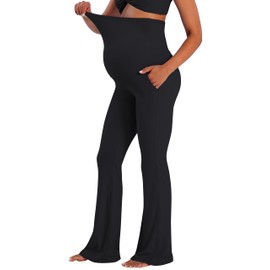 Sunzel Sunzfly Maternity Flare Leggings with Pockets Over The Belly, Buttery Soft Pregnancy Wide Leg Yoga Pants for Workout & Daily Wear,34 Inseam Black L
