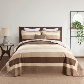 FineStichery Striped King Quilt Set - 100% Cotton Quilts, King Quilted Bedding Set, Farmhouse Patchwork Quilt, Lightweight Bedspread Coverlet for All Seasons, Brown, 3 Piece, 98"x106"