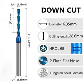 Bestgle 1/4" Shank 2 Flute Down Cut Spiral Flat Nose End Mill CNC Router Bit Nano Blue Coated Carbide Milling Cutter 1/4 x 1/8 x 1 x 3