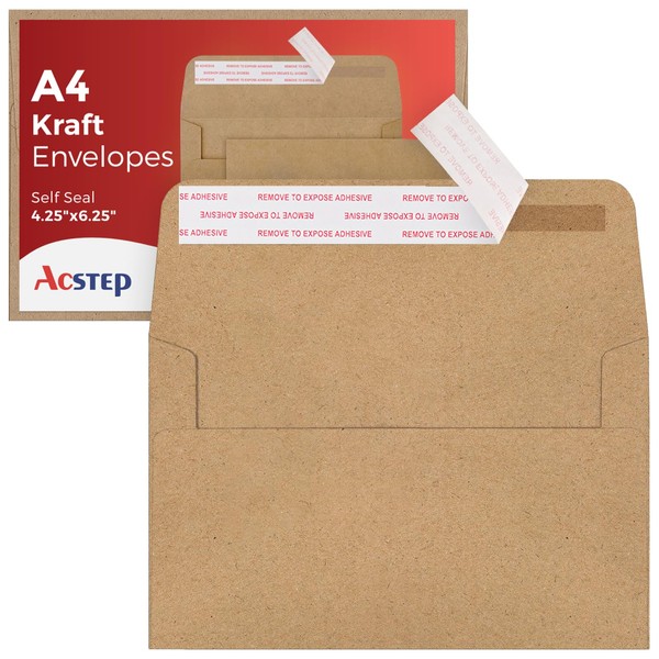 ACSTEP 100Pack A4 Envelopes 4-1/4 X6-1/4 Inch Self Seal Brown