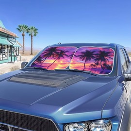 Bulopur Tropical Palm Tree Windshield Sun Shade 2-Piece Foldable Car Windshield Cover Sun Shade UV-Blocking Keep Your Vehicle Interior Cool