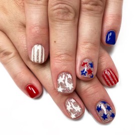 Independence Day Star Press on Nails Red Blue Fake Nails 4th of July Acrylic Nail Glossy Short Square Glue on Nail for Women