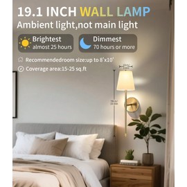 12000mAh Battery Operated Wall Sconce Set of Two, Rechargeable Wall Sconce 3 Lighting Modes Dimmable Remote Control, Up to 72 Hrs Use, Wireless Wall Lights for Living Room Bedroom Hallway(Gold)
