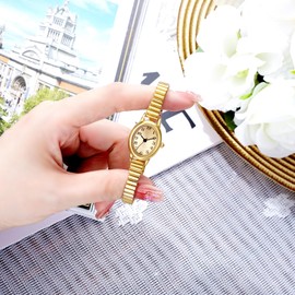 Women's Small Gold-Tone Watch with Arabic Numerals, 2 Sizes (S/L), 3ATM Water Resistant, Stretch Band, Gift in Box (Gold, 6.7in-7.49in)