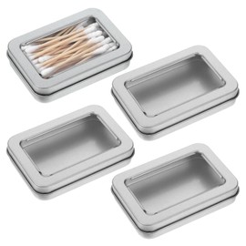 KFHENSOMR 4 Pcs Travel Cotton Swab Holder, Portable Floss Pick Holder, Clear Dustproof Travel Qtips Case with Lid, Metal Cotton Ball Holders for Dental Floss, Hair Ties & Small Items (Silver)