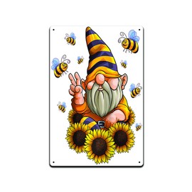 Honey Bee Gnome Peace Love Sunflower 12 X 8 Tin Metal Sign Décor Garden Honeycomb Bumble Dandelion Queen Honey Yard Spring Summer Butterfly Wildflower Honeybee Pollinator Indoor Outdoor Rock MS077