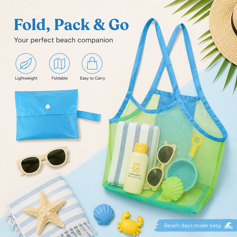 Portable Mesh Beach Bag for Kids’ Toys – Anti-Sand Large-Capacity