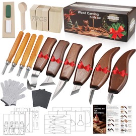 AIZMOZIA Wood Carving Kit for Beginners – 25pcs Whittling Knife Kit Wood Carving Tools with PU Leather Storage Bag, 10 Carving Knives, 6 Templates & Basswood for DIY Crafts